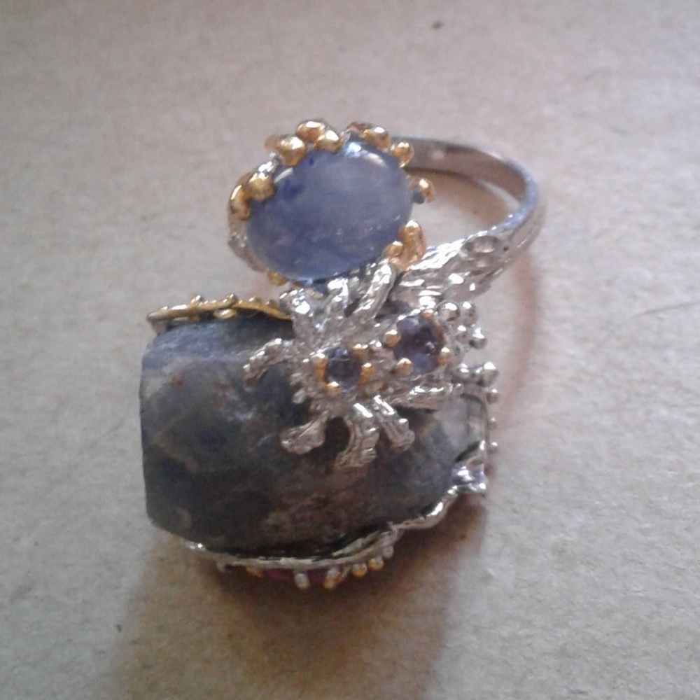 SALE Natural Sapphire-Rhodolite-Iolite 925S/24K Rg